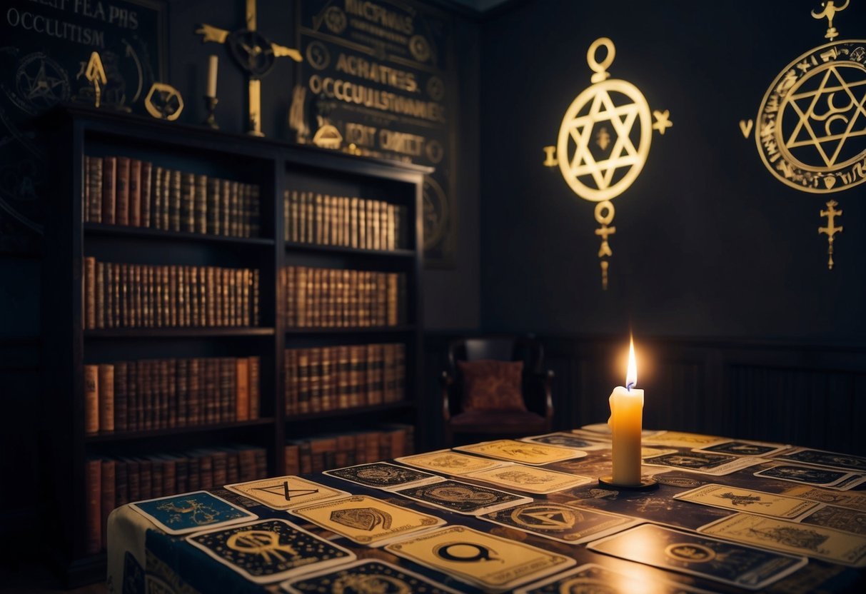 A dimly lit room with mystical symbols adorning the walls. A bookshelf filled with ancient texts on occultism. A candle flickering on a table covered in tarot cards