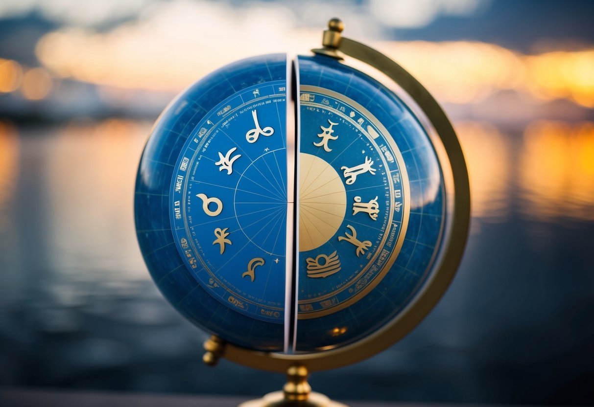 A celestial globe split in half, with Eastern zodiac symbols on one side and Western zodiac symbols on the other