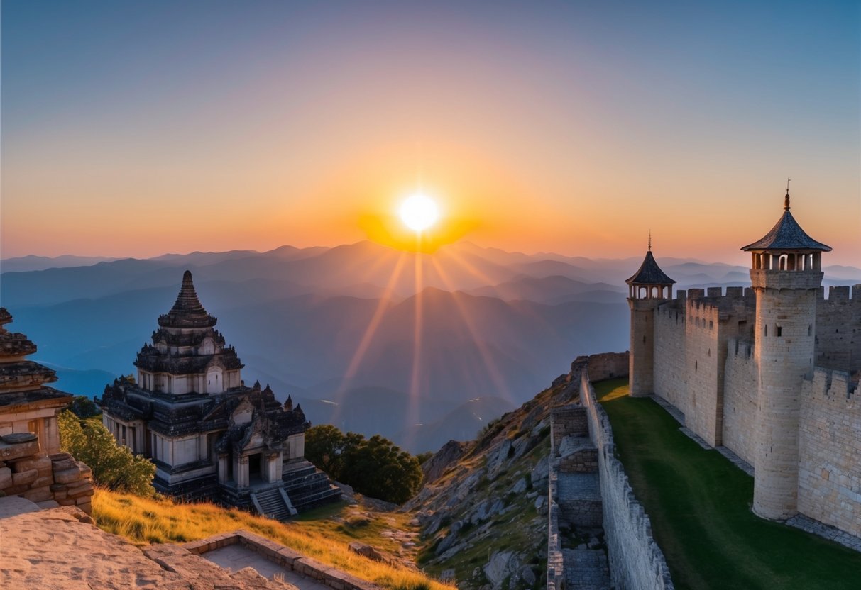 A sun rising over a mountainous landscape, with ancient temples on one side and a medieval castle on the other, representing the historical roots and development of Eastern and Western astrology