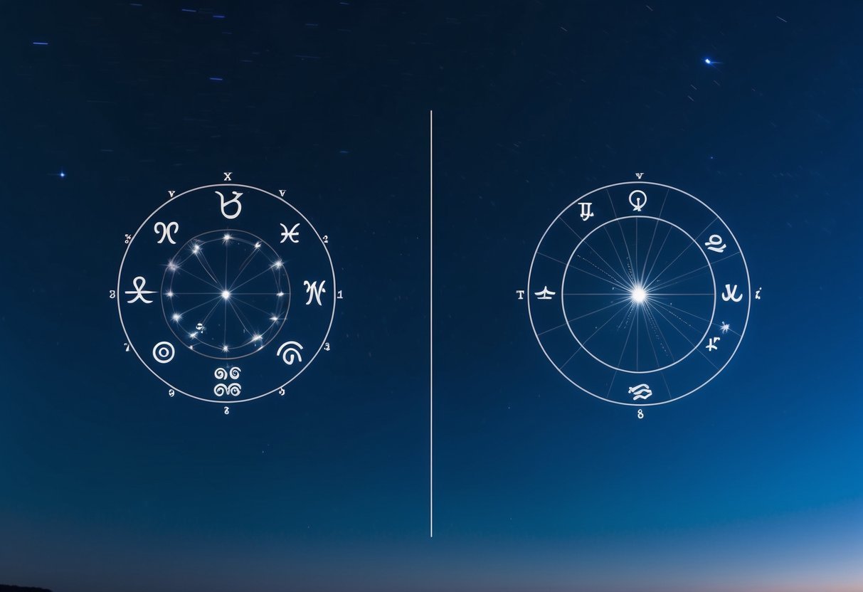A serene night sky with two distinct constellations, one representing Eastern astrology and the other representing Western astrology, each with their own unique symbols and patterns