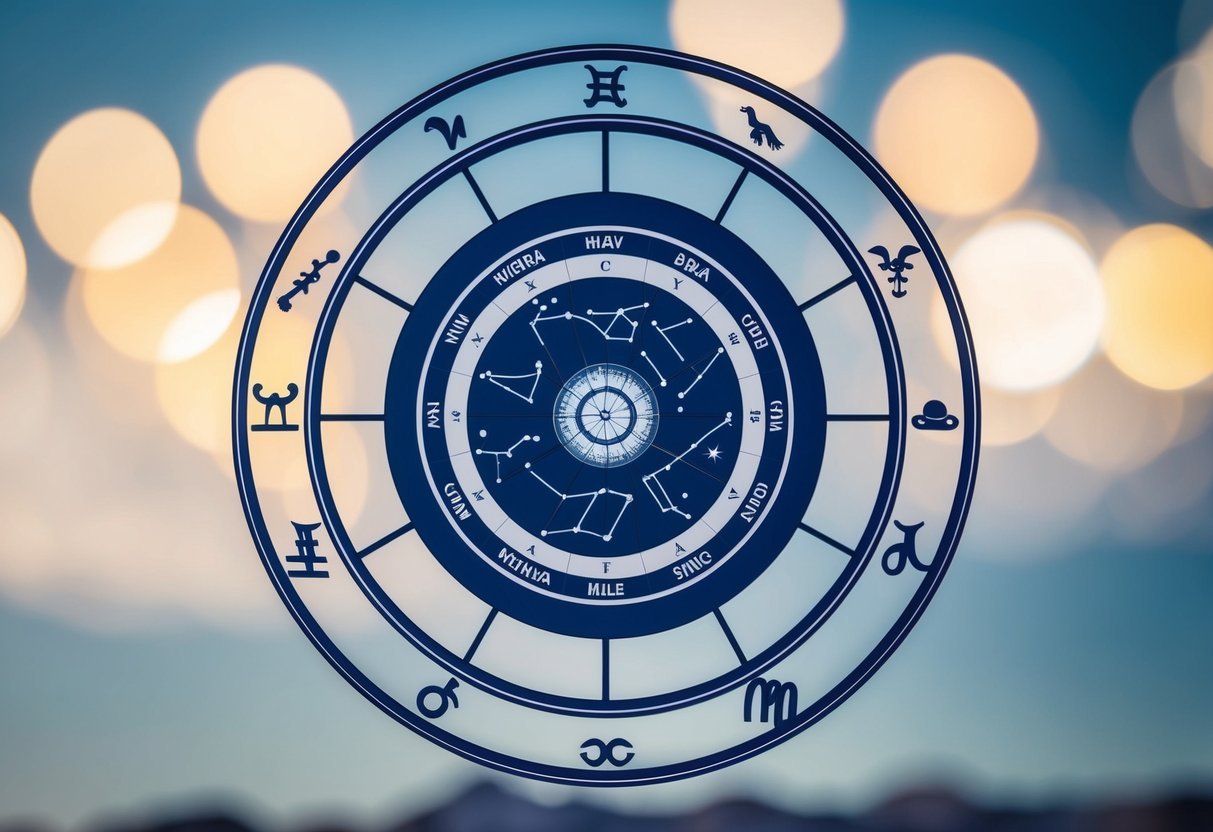 A celestial wheel divided into Eastern and Western zodiac signs, with intricate symbols and constellations
