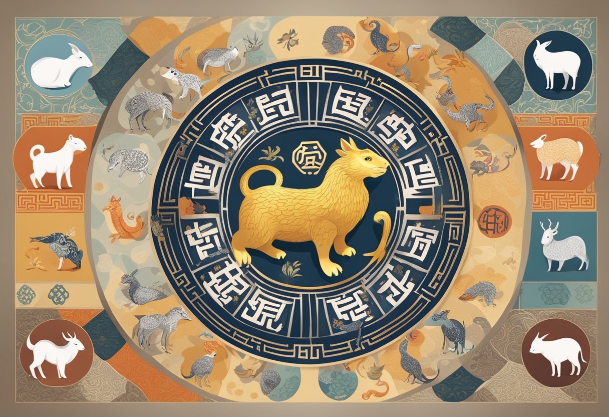A circle of twelve Chinese zodiac animals, each representing a different year, surrounded by traditional Chinese symbols and patterns