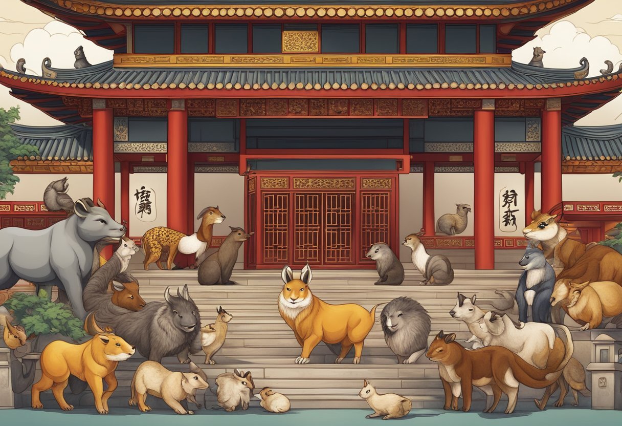 A group of Chinese zodiac animals gather around a traditional temple, each representing their respective year with symbolic significance
