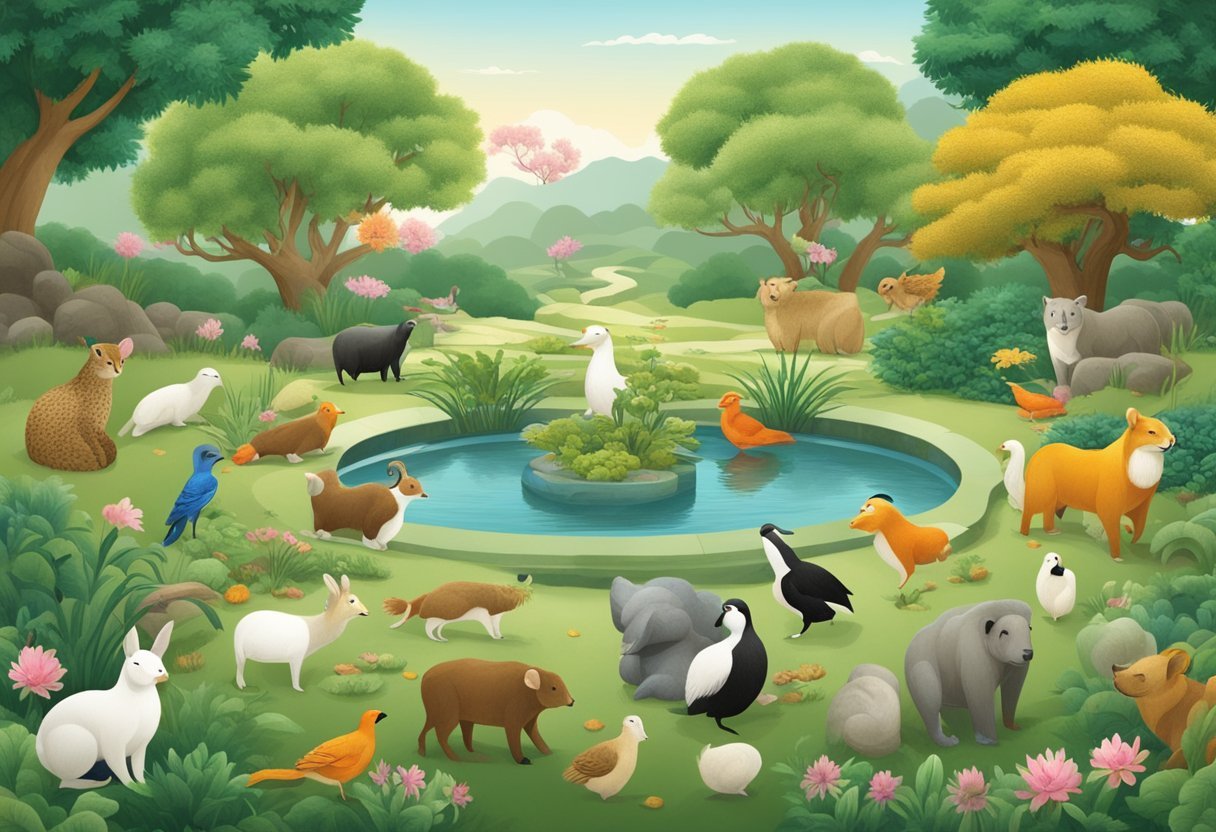 A serene garden with 12 animals representing the Chinese zodiac, each in its own natural habitat