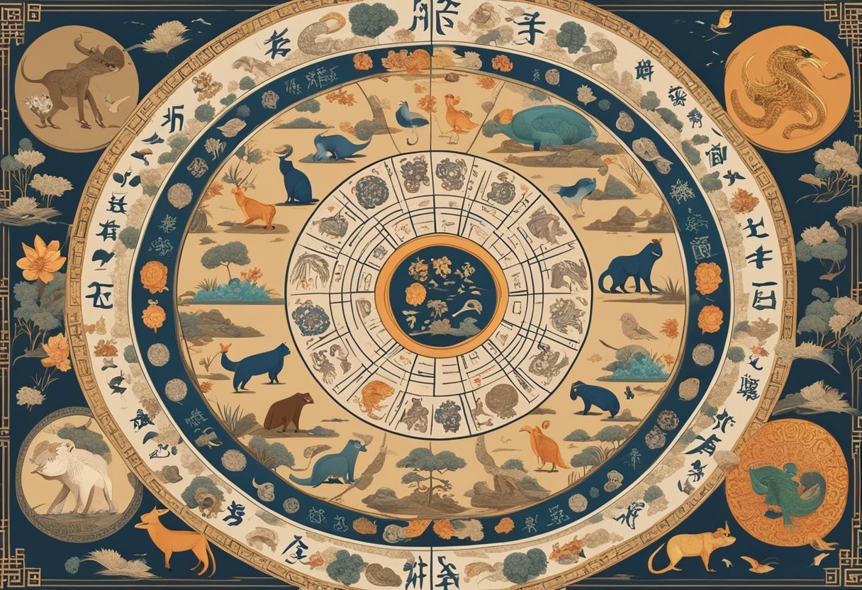A circle of twelve Chinese zodiac animals, each representing a different astrological sign, surrounded by ancient symbols and traditional Chinese motifs