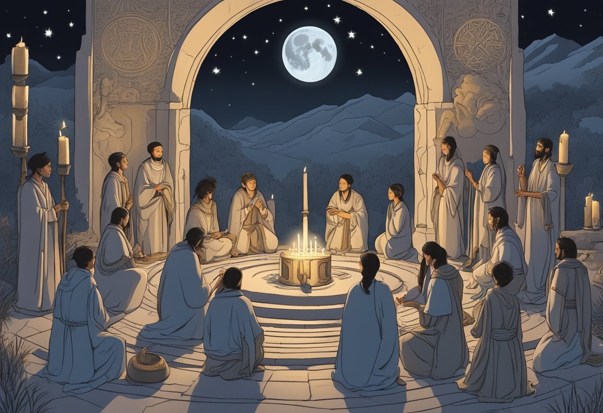 A group of figures gather in a moonlit clearing, surrounded by ancient symbols and candles. They perform rituals as the moon waxes and wanes above