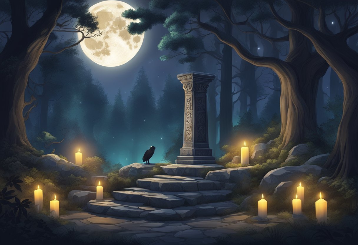 A dark forest clearing with a stone altar, surrounded by candles and mystical symbols, under the glow of a full moon