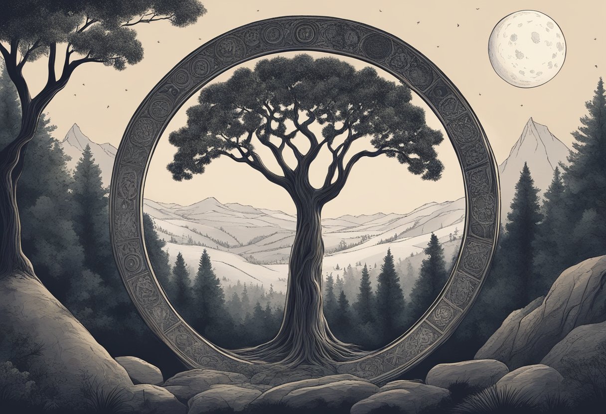 A crescent moon hovers over a dark forest, with ancient symbols etched into the trees and a circle of stones marking a ritual site