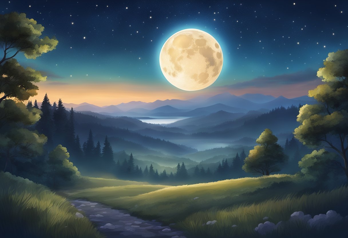 A serene night sky with the full moon shining brightly, surrounded by stars and clouds, casting a mystical glow over the landscape