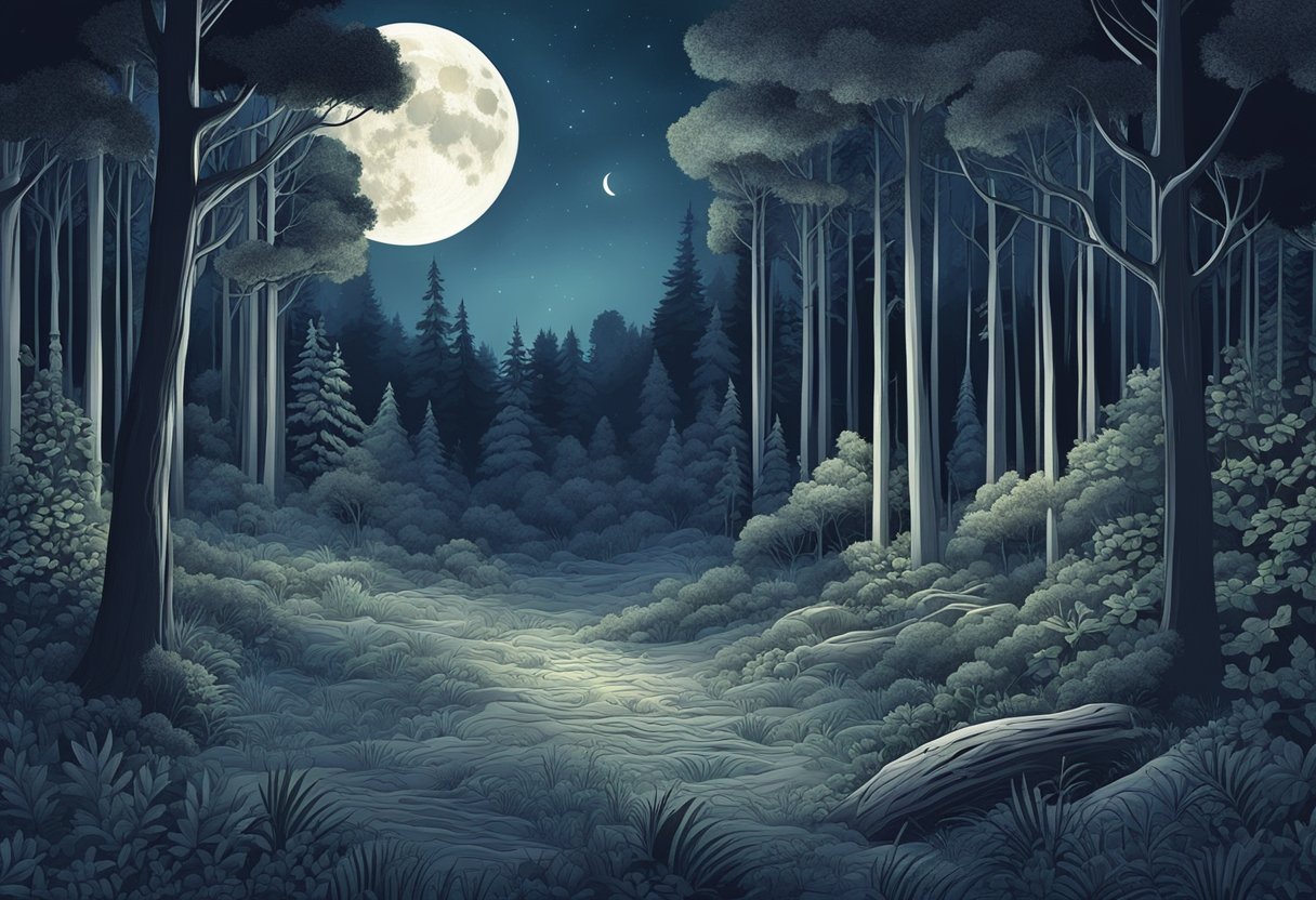 A forest clearing at night, with moonlight casting eerie shadows on ancient symbols and artifacts arranged in a mystical pattern