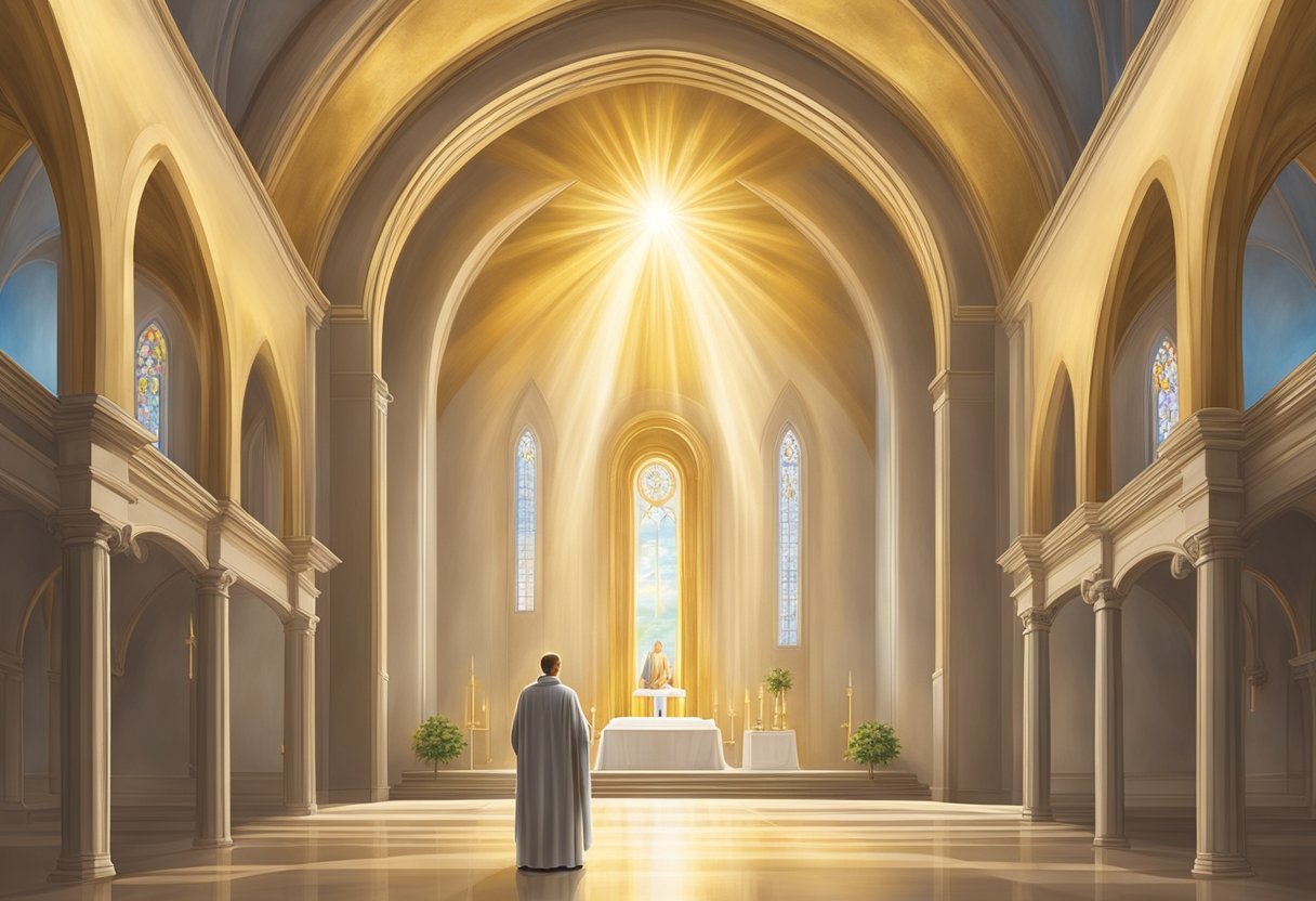 A golden halo encircles a saintly figure, radiating light and divine presence in a peaceful church setting