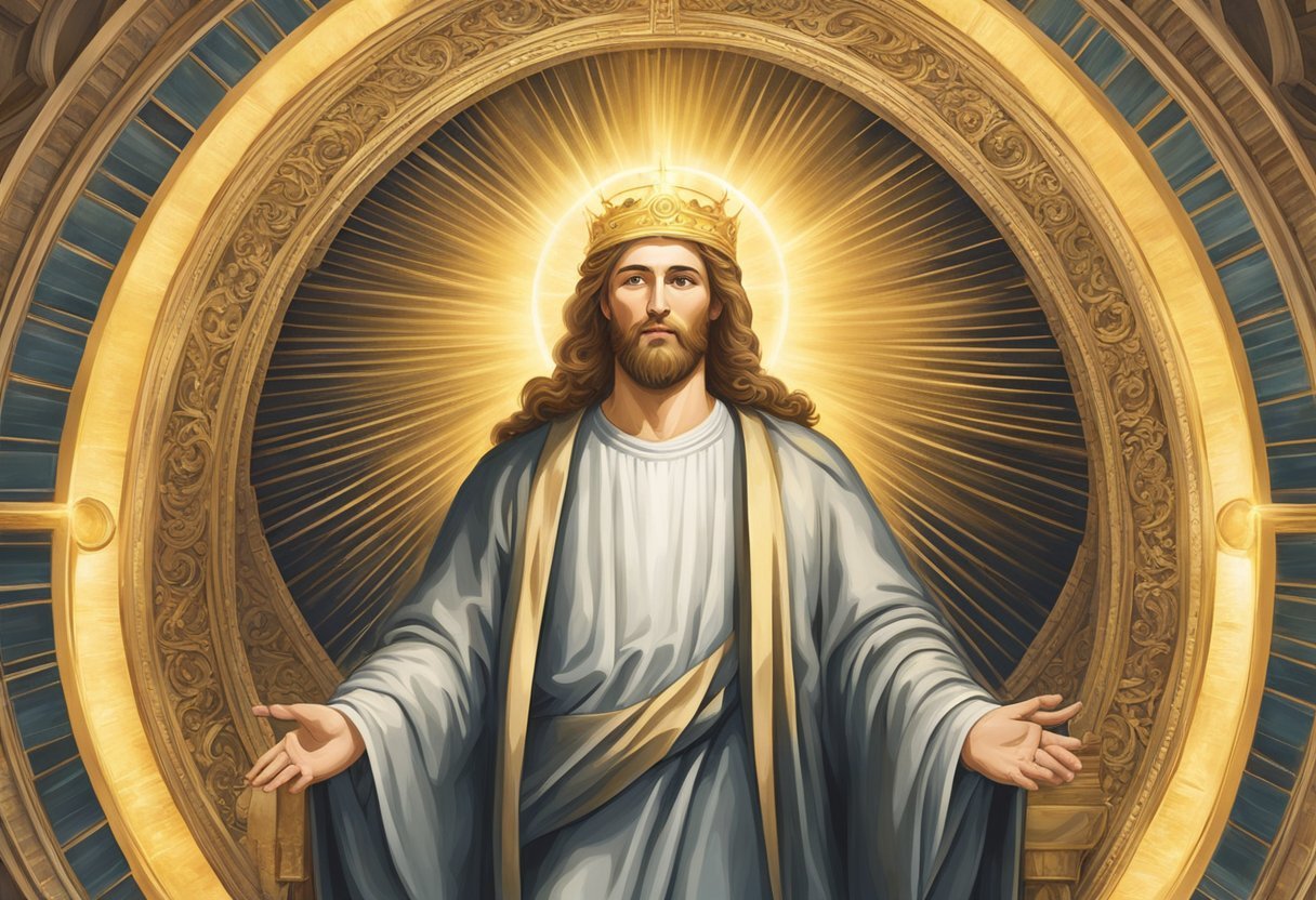 A radiant halo hovers above a religious figure, emanating a golden glow and symbolizing divine significance in church art