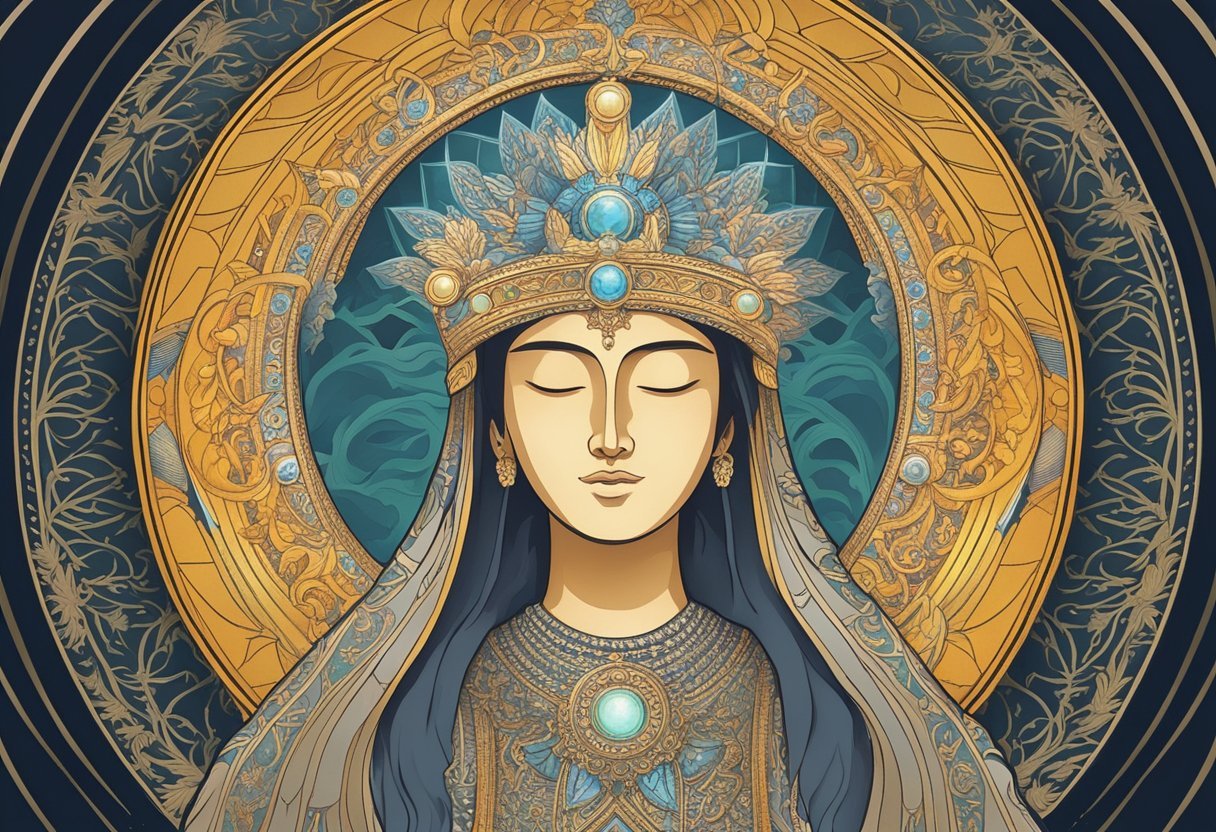 A radiant halo encircles the head of a saintly figure, emitting a soft glow and adorned with intricate patterns and symbols