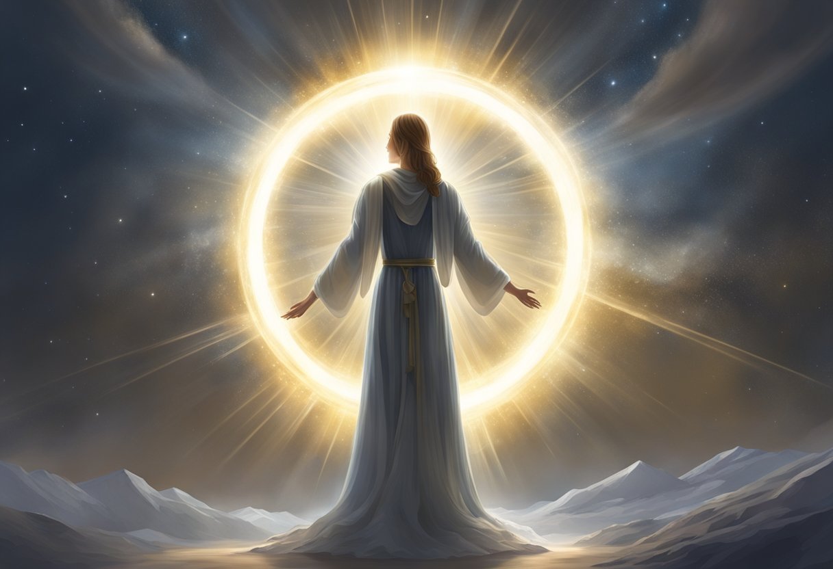 A glowing halo hovers above a figure, casting a soft, ethereal light on the surrounding space. Rays of light extend outward, creating a sense of divine presence