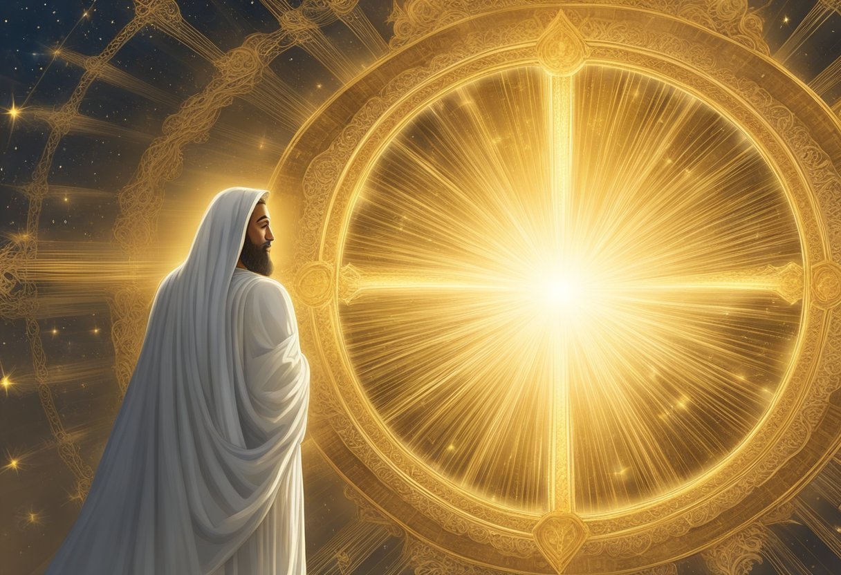A radiant halo hovers above a religious figure, emanating a golden glow and intricate details. Rays of light extend outward, creating a celestial aura