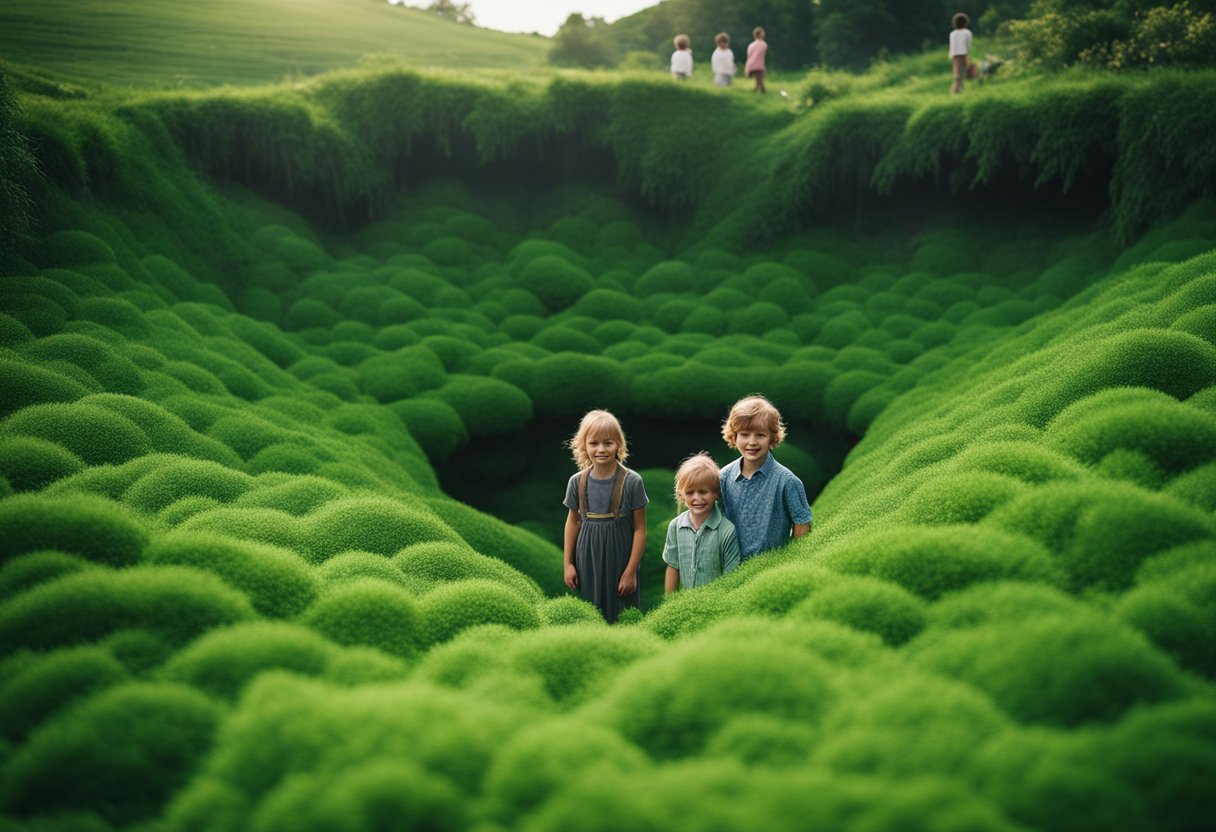A lush, green countryside with two mysterious, pale-skinned children emerging from a pit