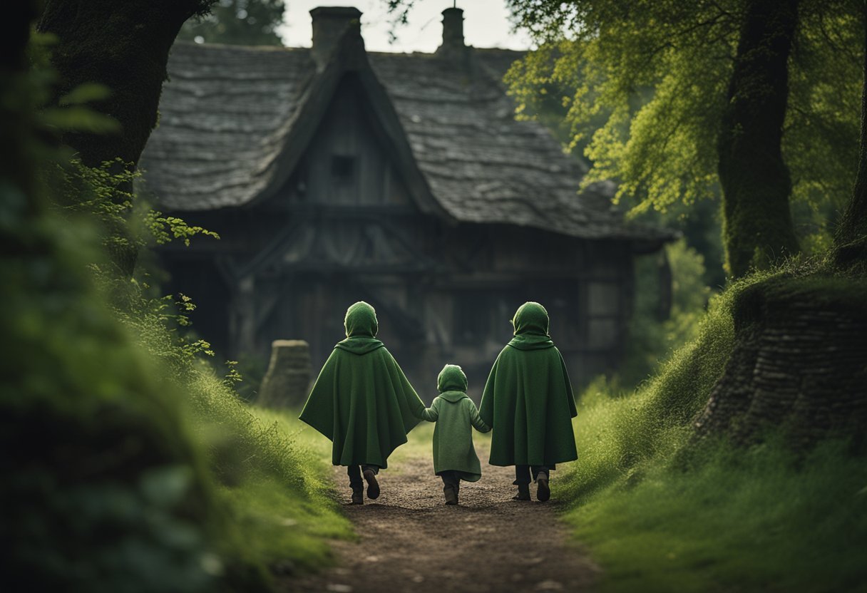 Two green-skinned children emerge from a dark forest, bewildered by their unfamiliar surroundings. A village of medieval cottages looms in the distance