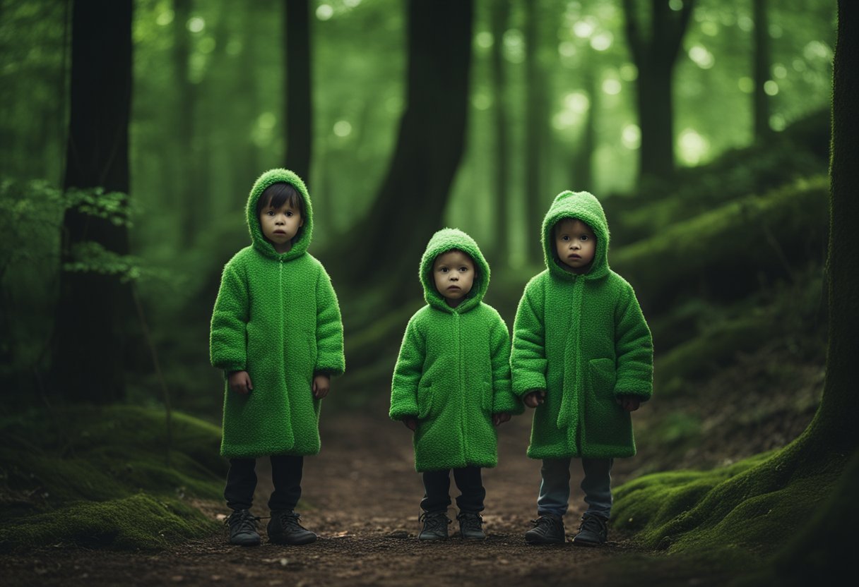 Two green-skinned children emerge from a dark forest, their eyes wide with wonder as they gaze at the unfamiliar world around them