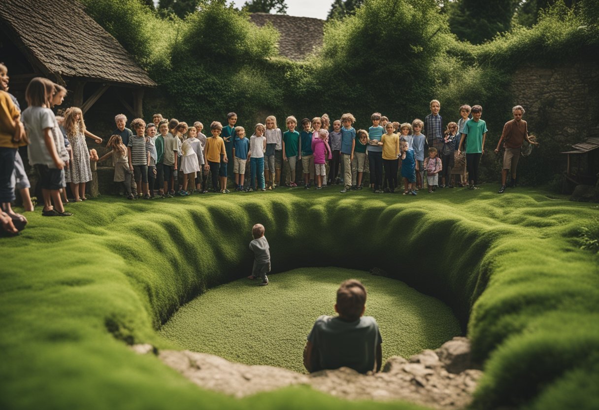 Two children emerge from a vibrant green pit, bewildered and surrounded by curious onlookers in a medieval English village