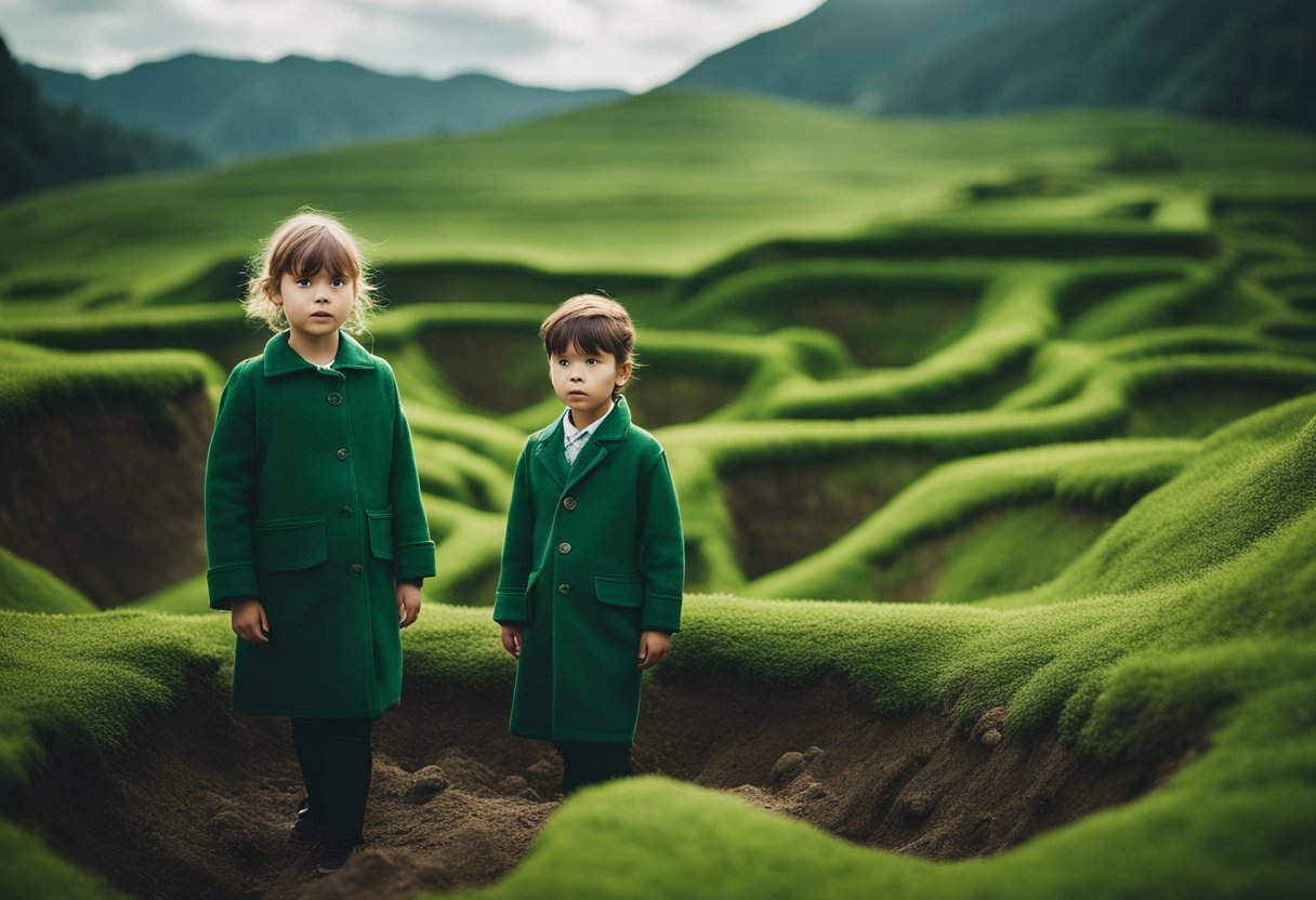 A mysterious green-hued landscape with two children emerging from a pit