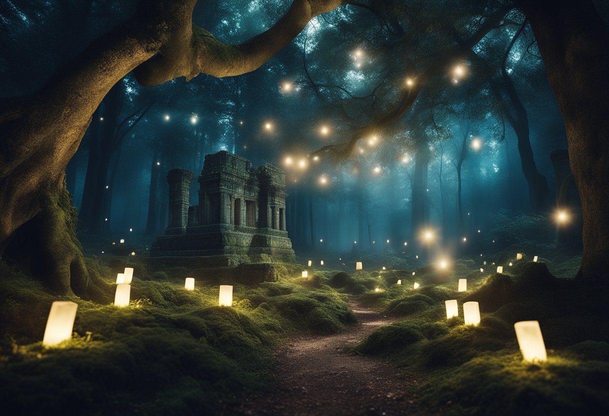 A moonlit forest clearing with ancient ruins, surrounded by mystical symbols and glowing fairy lights