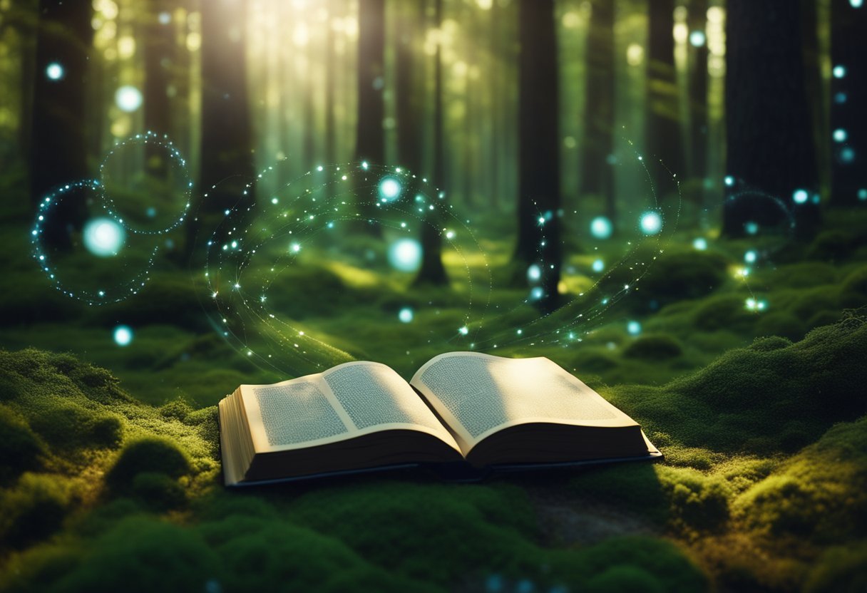 A mystical forest glows with enchanting fairy circles and shimmering spell books, surrounded by a swirling vortex of magical energy