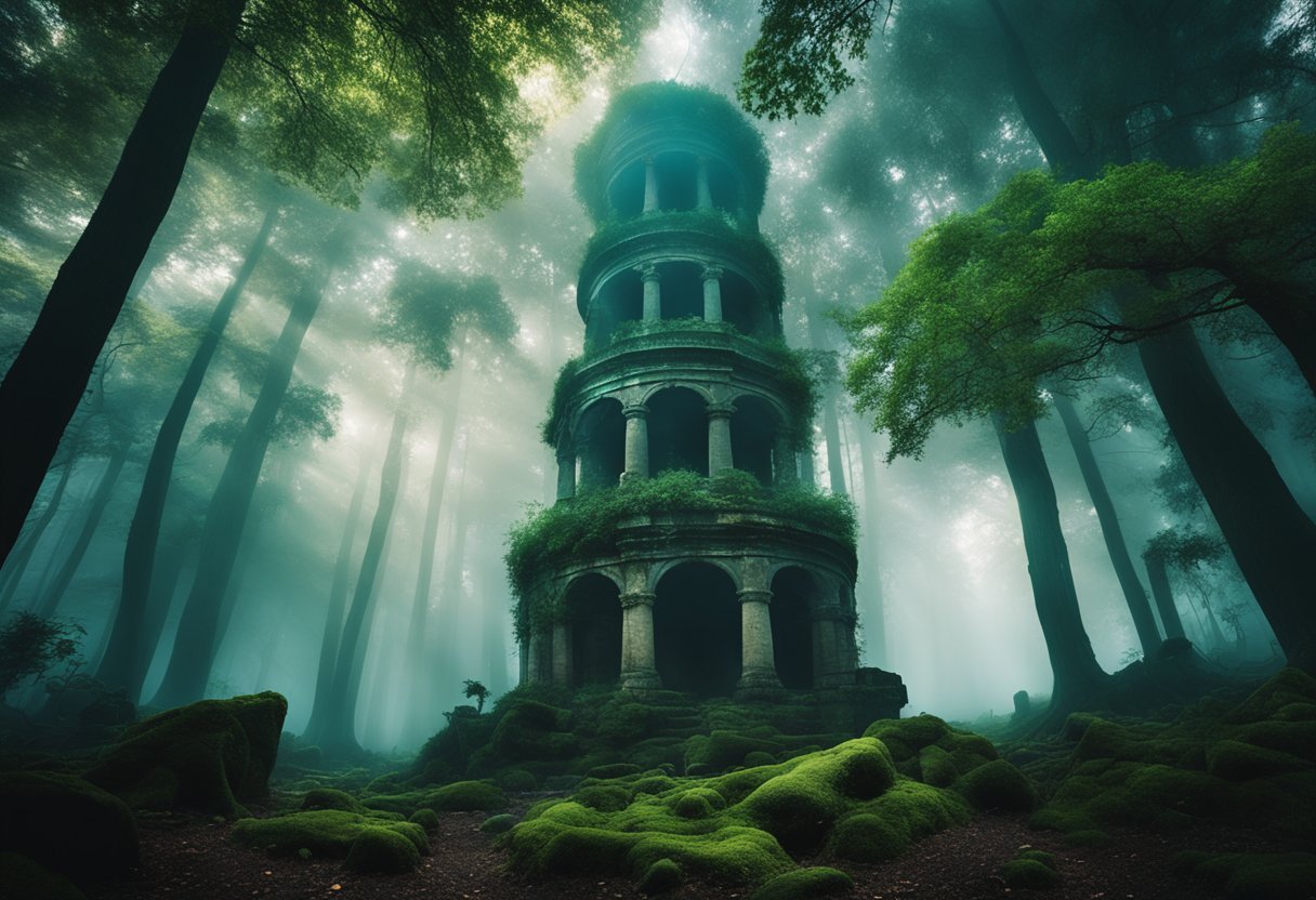 A mystical forest clearing with ancient ruins, glowing fairy lights, and swirling magical energy, surrounded by towering trees and a mysterious mist