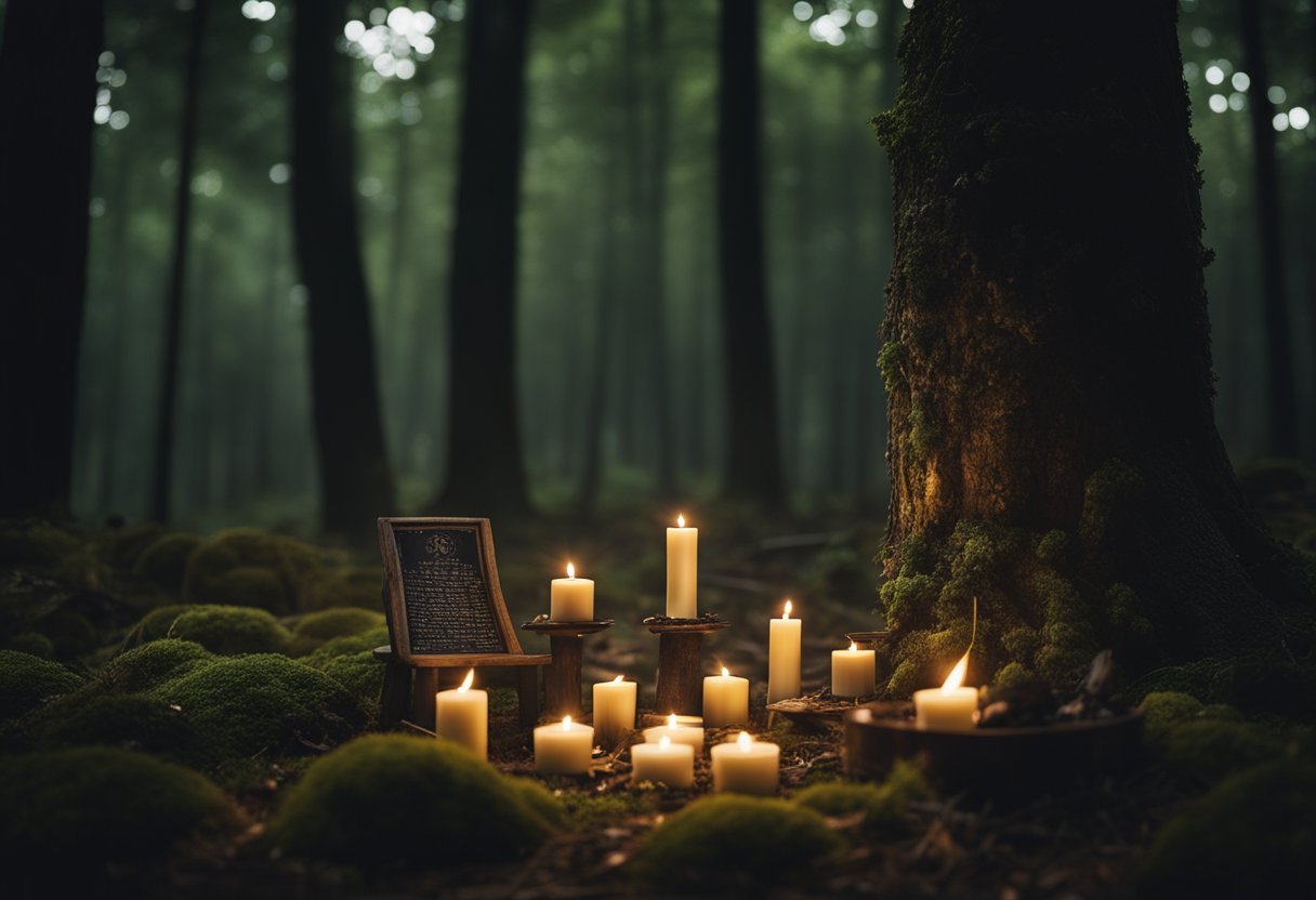 A moonlit forest clearing with a small altar, candles, and offerings. A circle of mushrooms grows nearby, surrounded by ancient trees