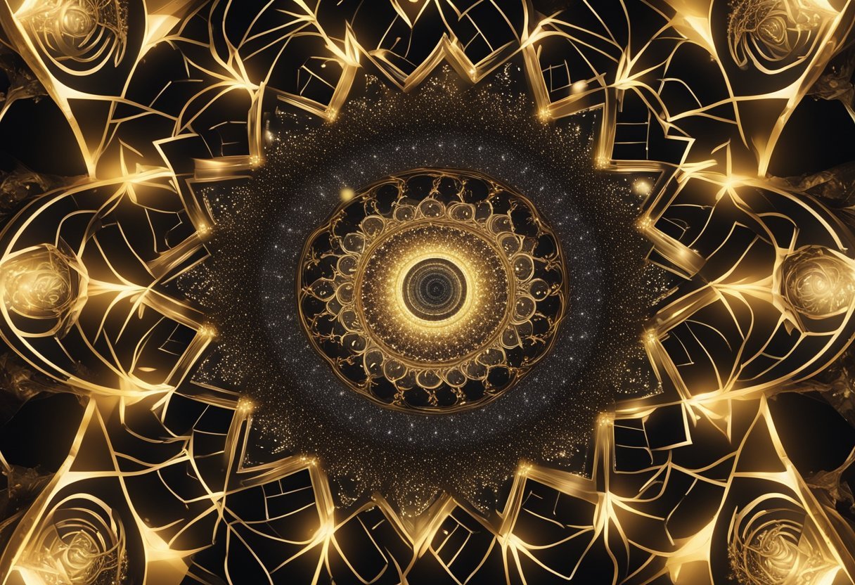 A swirling galaxy with spiraling patterns and intricate geometric shapes, all centered around a glowing, golden spiral