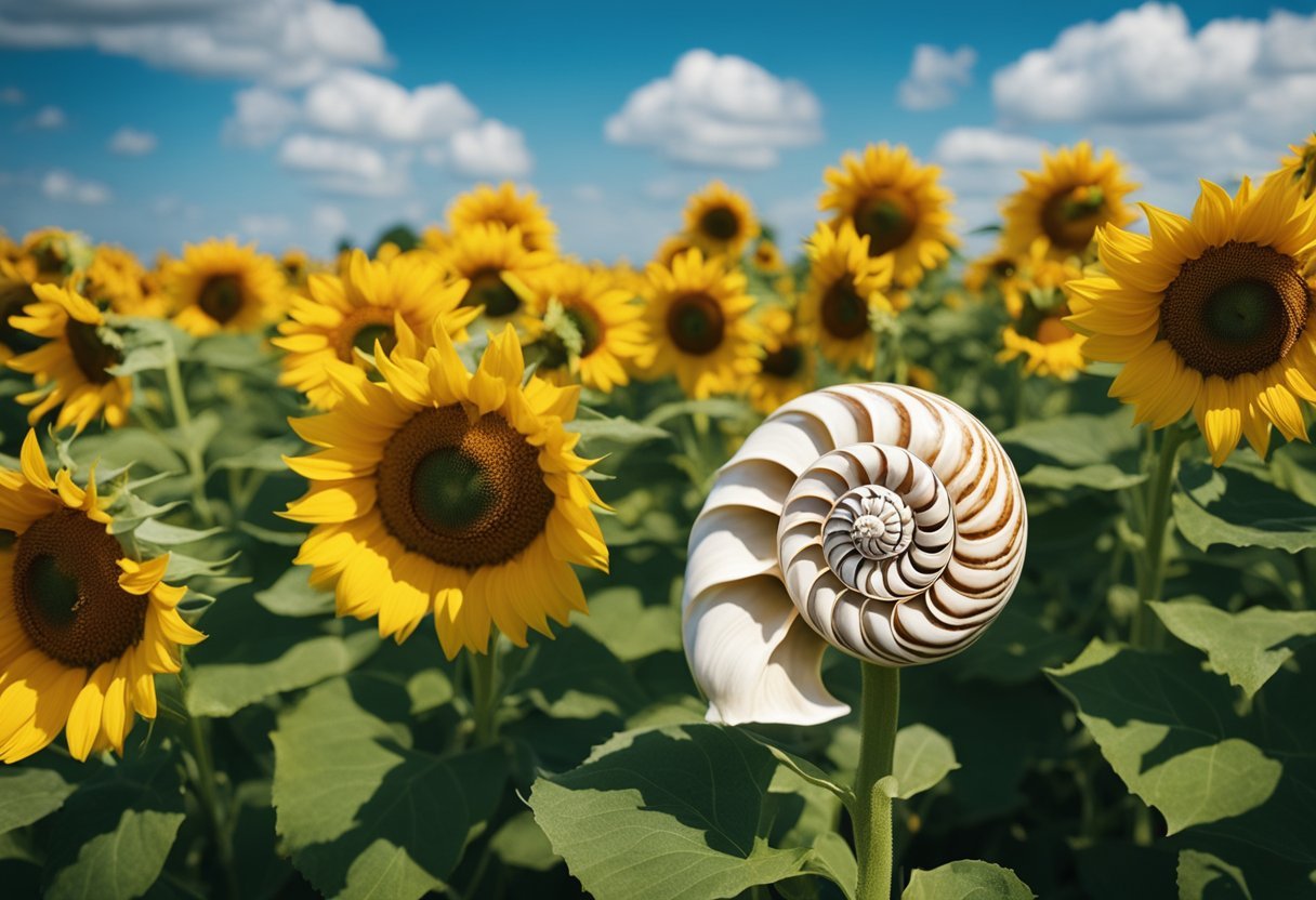 A spiraling nautilus shell nestled among blooming sunflowers