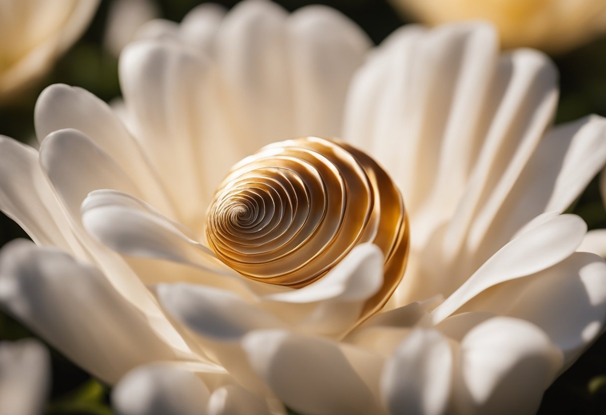 A spiraling seashell resting on a bed of blooming flowers, with the sun casting a perfect golden ratio shadow