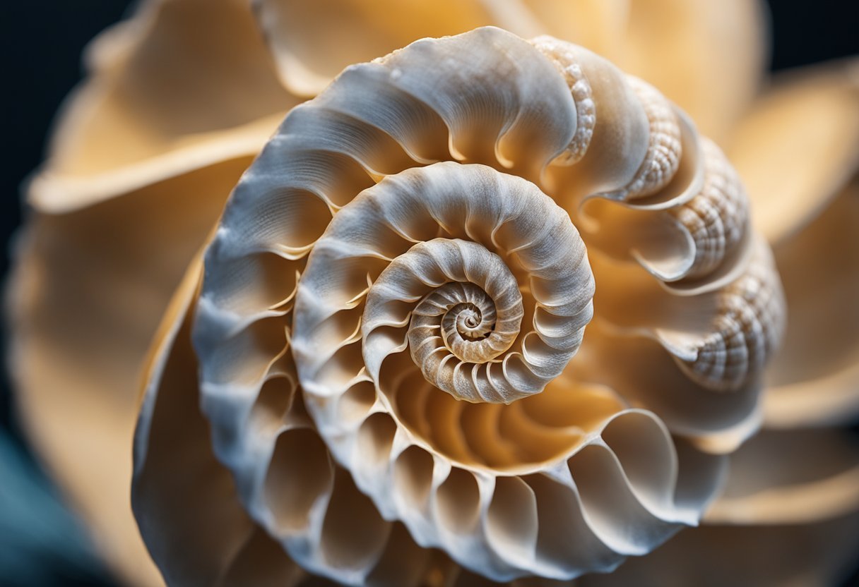 A seashell spirals outward, revealing the intricate pattern of the Golden Ratio in nature