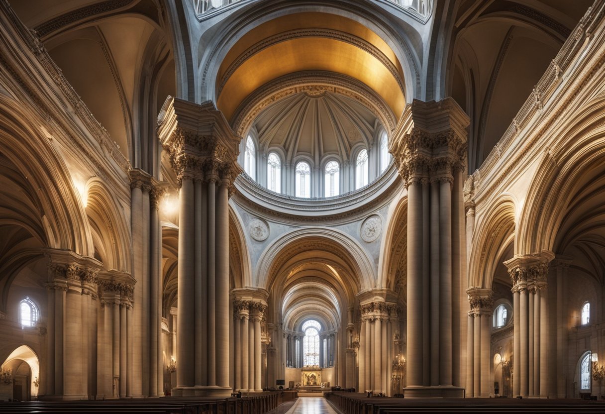 A grand cathedral with spiraling columns and arched doorways, all proportioned according to the Golden Ratio