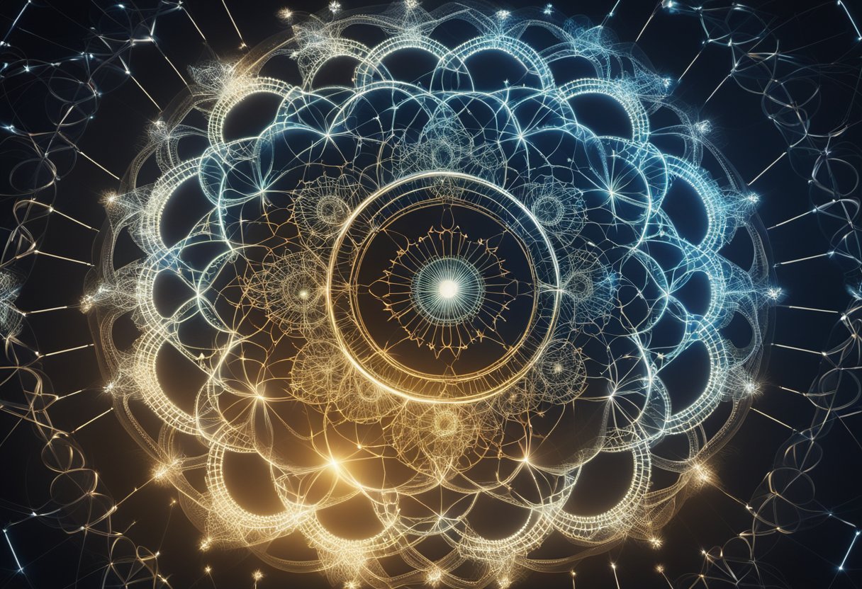 A glowing, intricate pattern of interconnected circles and lines radiates from a central point, symbolizing the interconnectedness of all life