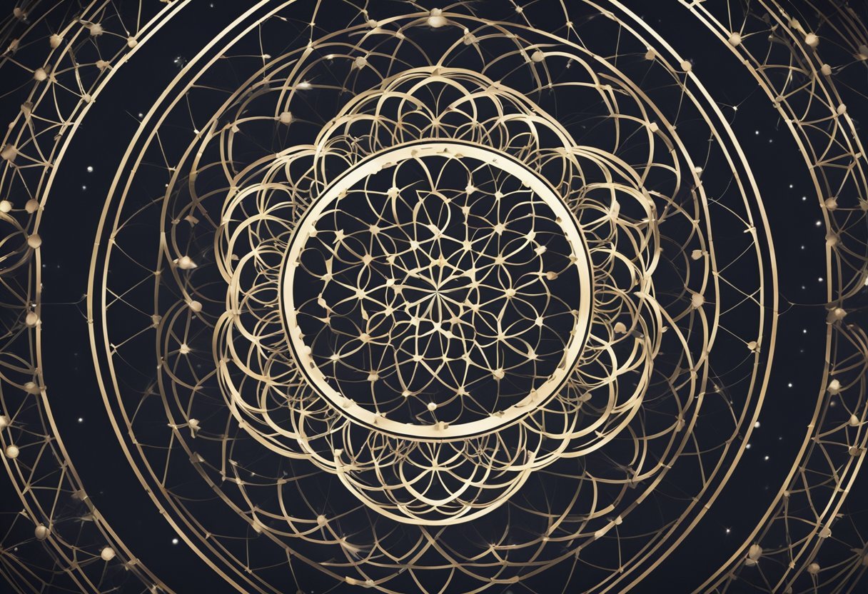 A series of interconnected circles and geometric patterns, radiating energy and symmetry, representing the Flower of Life as a sacred blueprint for the universe