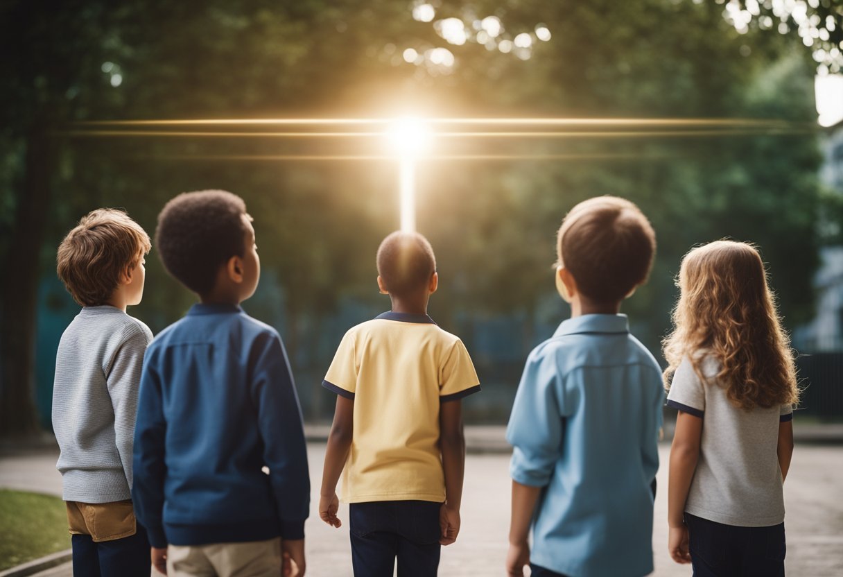 A group of children stand in a schoolyard, looking up at a hovering, metallic object emitting a bright light