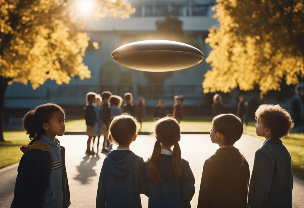 A group of children stand in a schoolyard, staring up at a hovering, metallic object with bright lights. Trees and playground equipment fill the background
