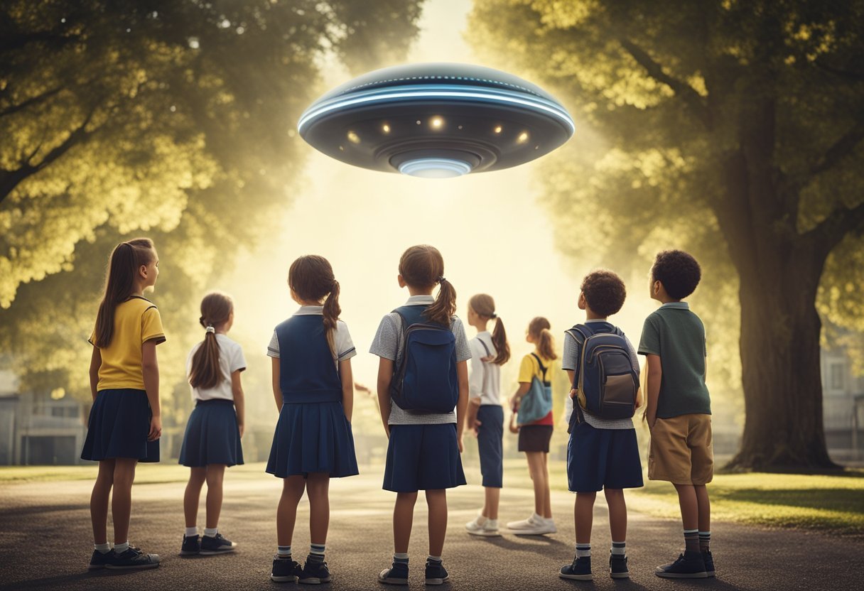 A group of children stand in a schoolyard, staring up at a hovering UFO with a sense of awe and fear