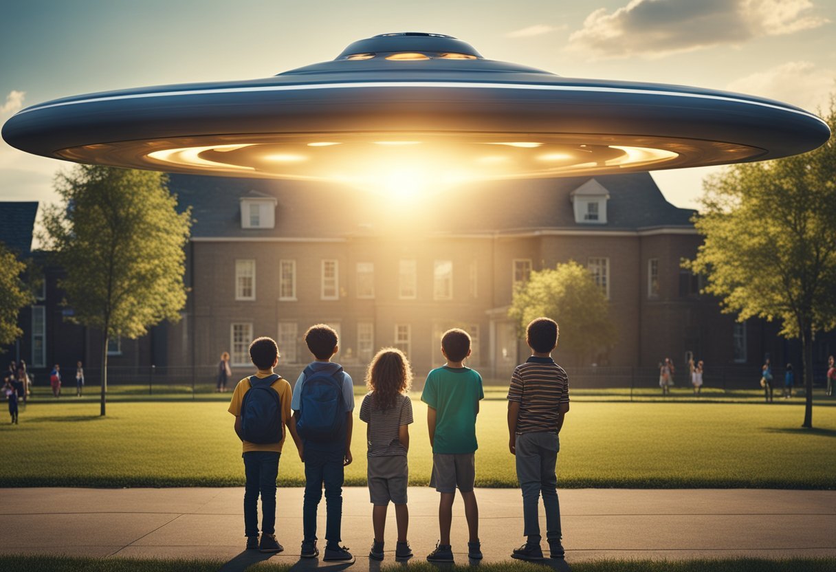 A group of children stand in awe as a UFO hovers over their schoolyard, emitting a bright light. Trees and buildings surround the scene