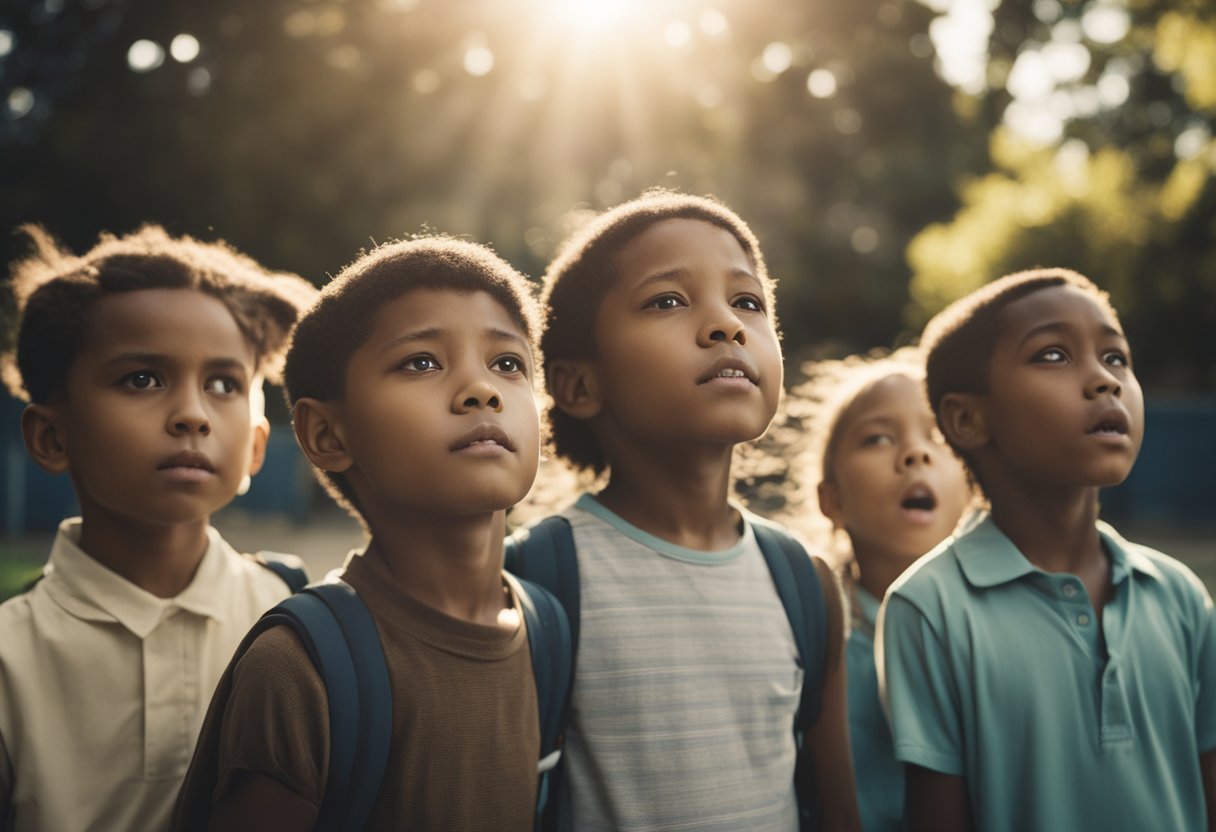 A group of children stand in a schoolyard, looking up in awe as a bright light hovers above. Strange beings emerge from the light, causing the children to react with fear and confusion