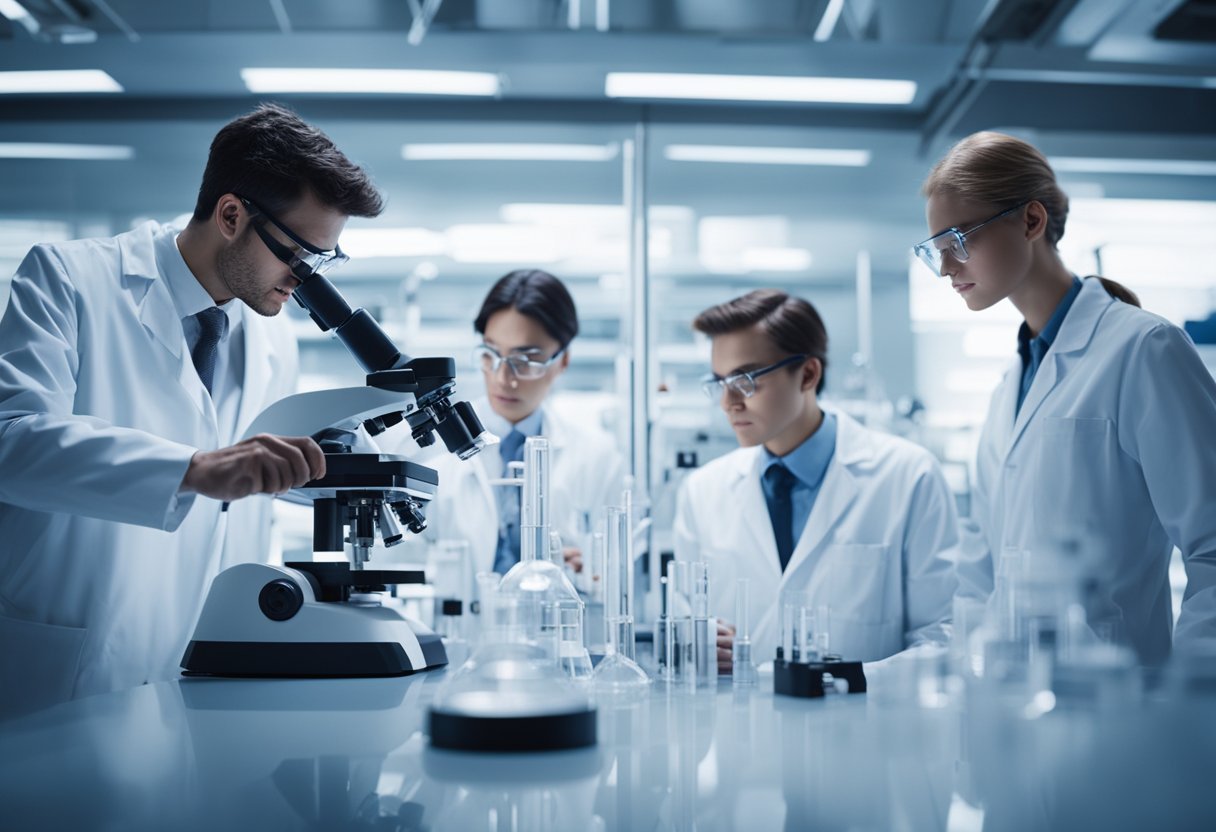 A group of scientists in a high-tech laboratory conducting mysterious experiments with advanced equipment and futuristic technology