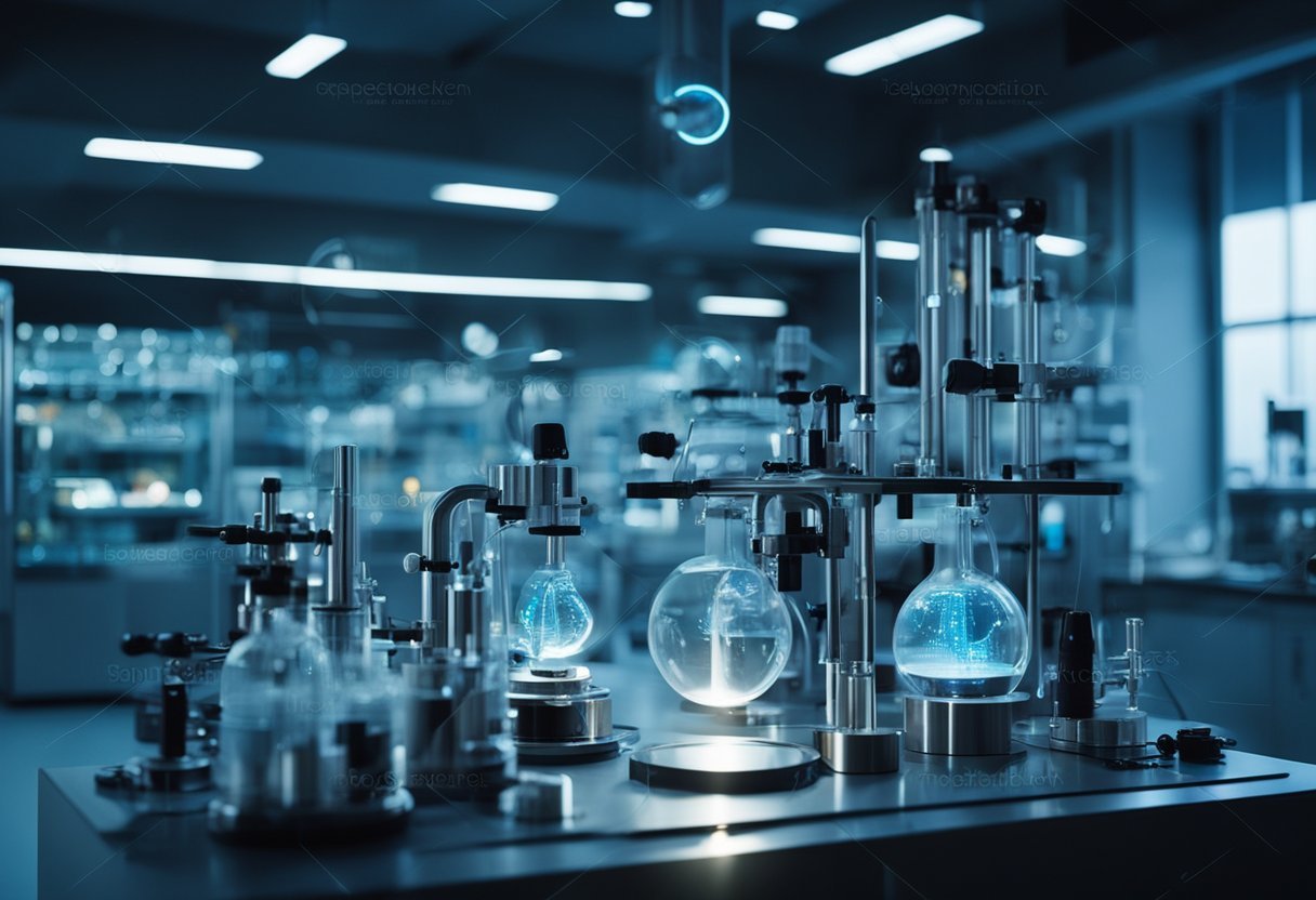 A dimly lit laboratory with futuristic equipment and swirling energy fields