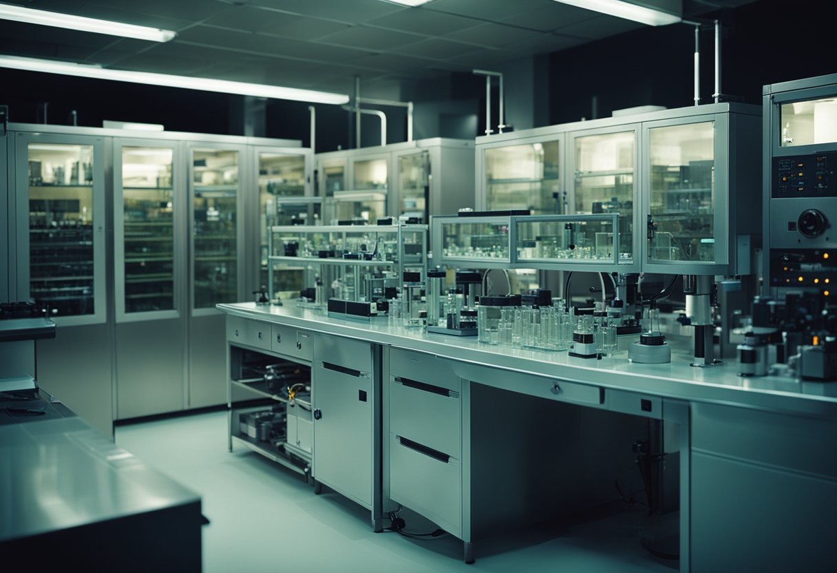 A dimly lit laboratory with futuristic equipment and a looming sense of secrecy