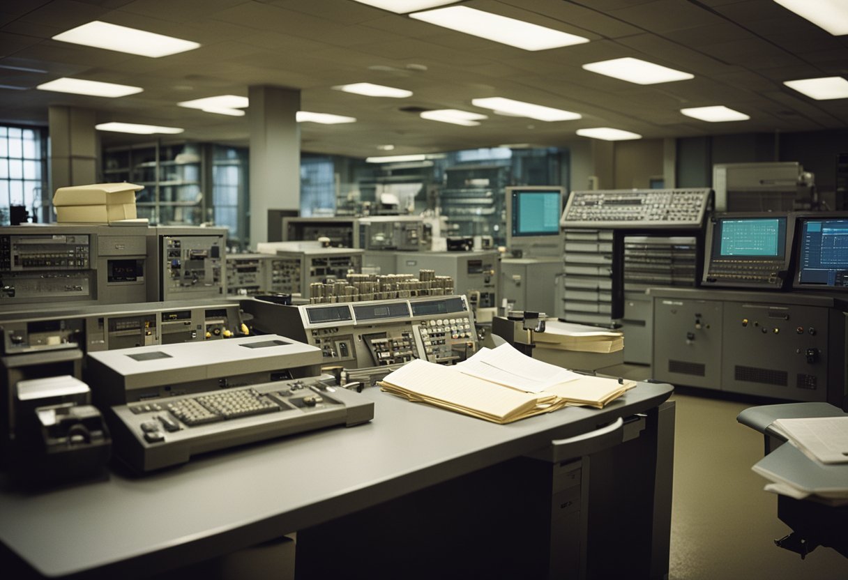 A dimly lit laboratory with complex machinery and computer equipment, surrounded by documents and files labeled "Montauk Project."