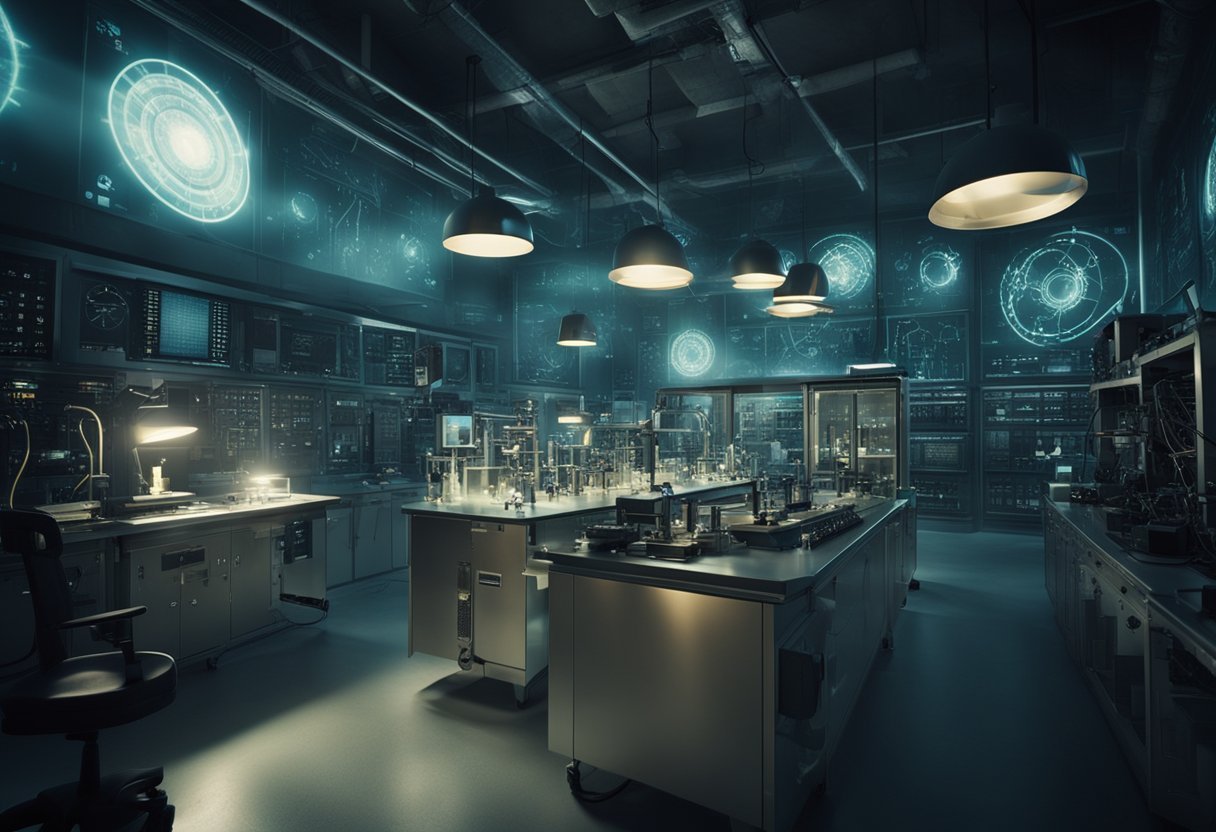 A dimly lit laboratory with futuristic equipment and mysterious symbols on the walls. Electric currents crackle in the air, creating an eerie atmosphere
