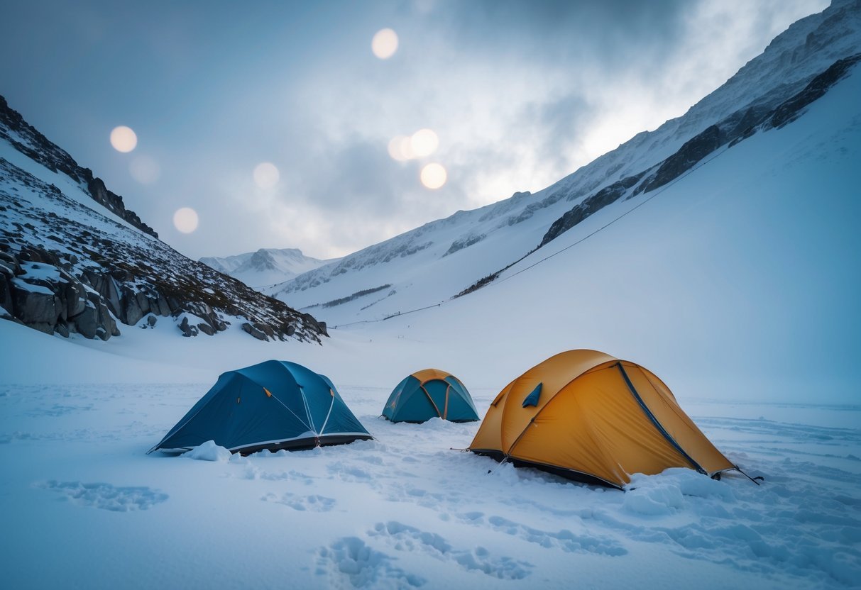 A group of hikers' abandoned tent on a snowy mountainside, surrounded by eerie silence and ominous footprints in the snow