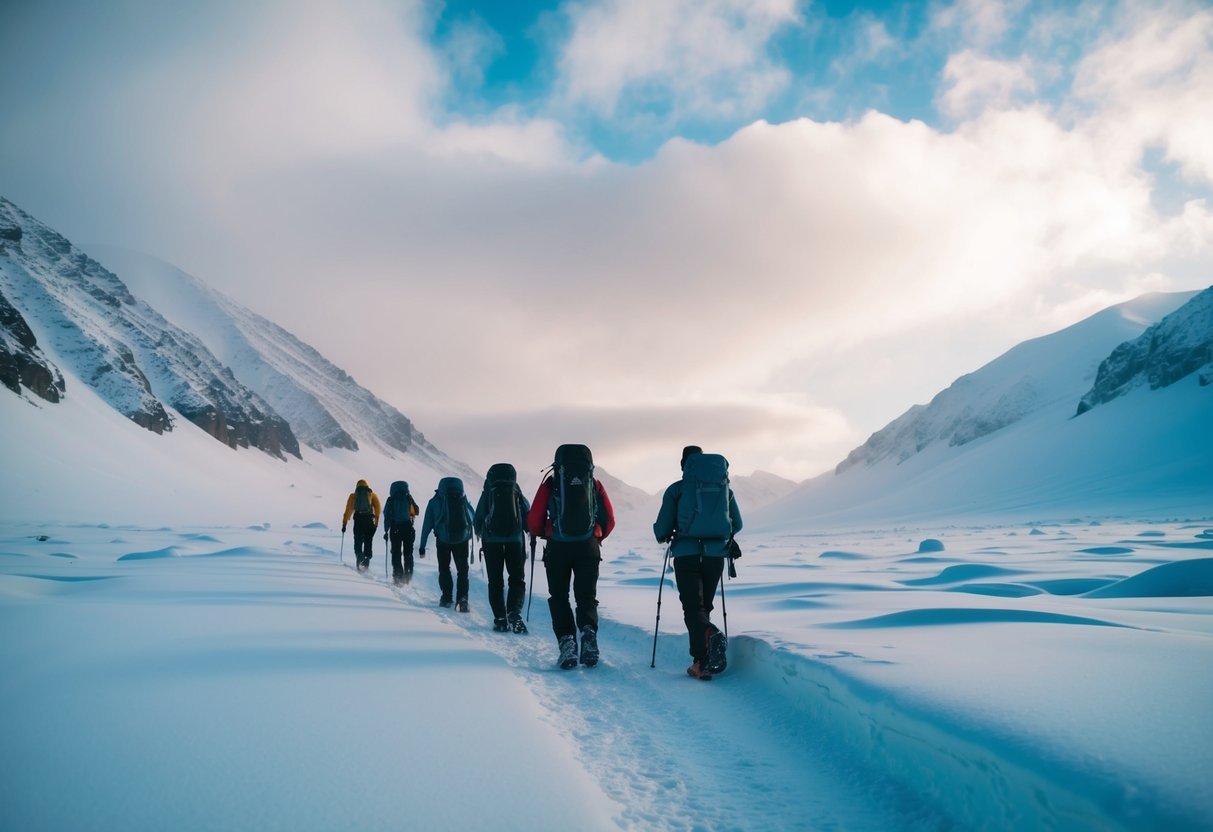 A group of hikers trek through a snowy, desolate landscape, surrounded by looming mountains and a sense of foreboding