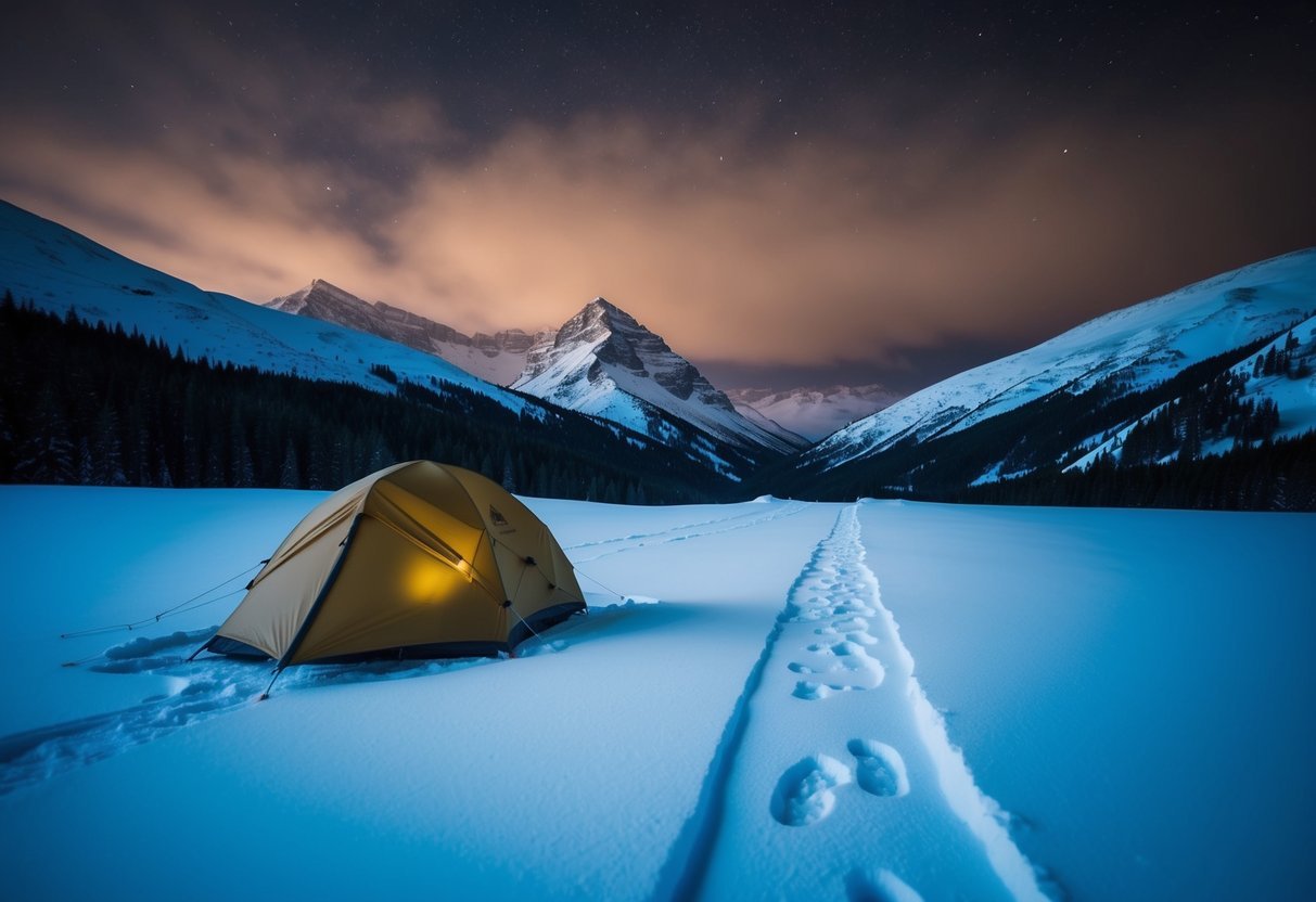 A snow-covered mountain pass at night, with a tent surrounded by eerie footprints and a sense of impending danger