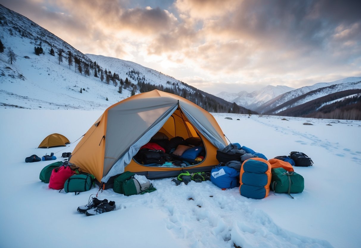 A group of hikers' tent ripped from the inside, scattered belongings, and footprints leading into the snowy wilderness of the Ural Mountains