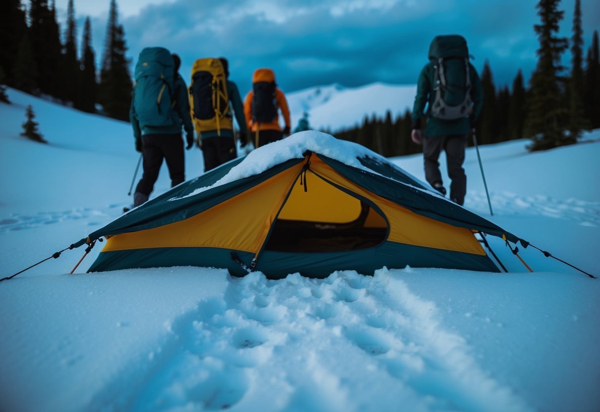 A group of hikers' tent is ripped open in the snowy wilderness, with footprints leading away into the darkness